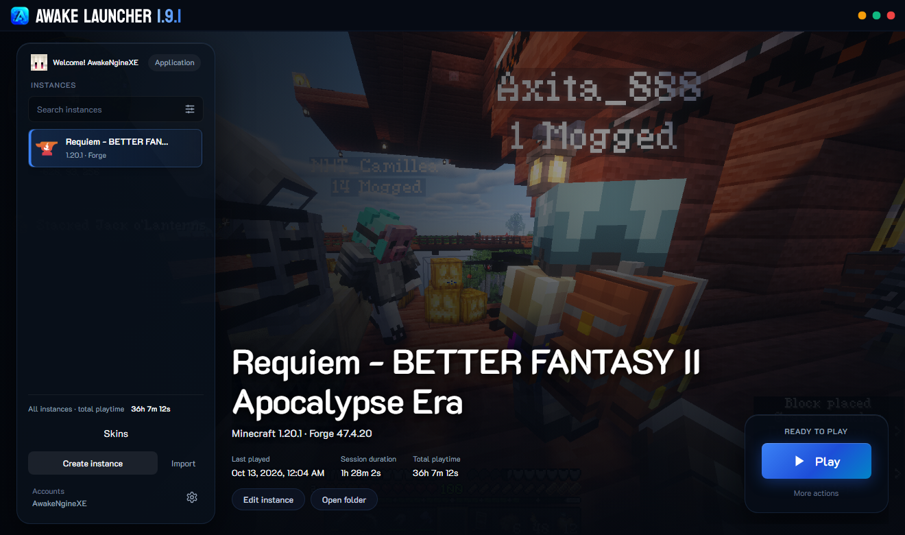 Awake Launcher with the Requiem modpack selected, instance library, account controls, and Play button